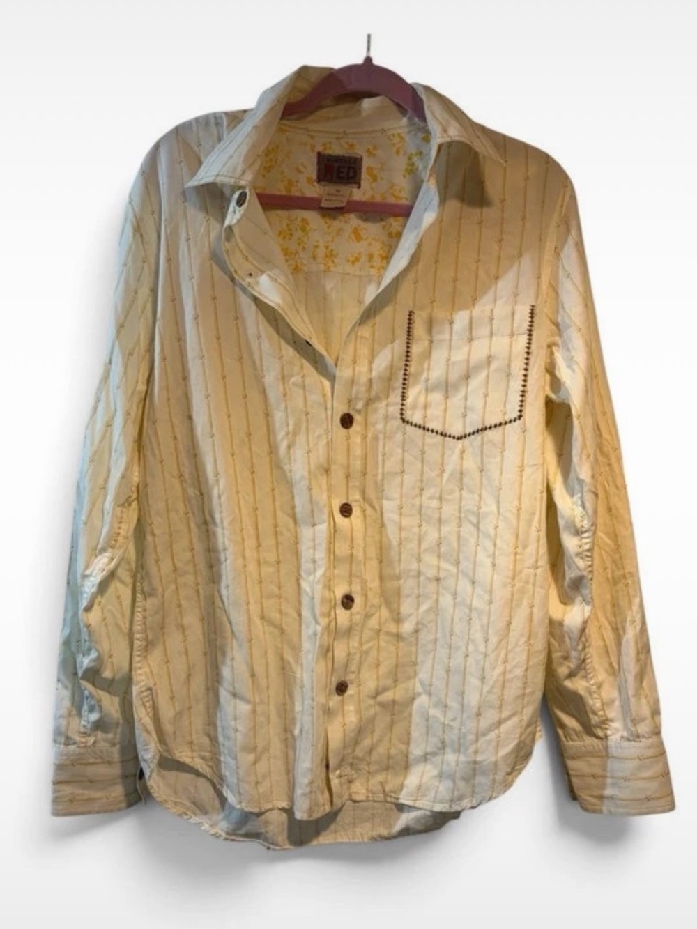 Men's Cream Button-Down Shirt with Yellow Stripes